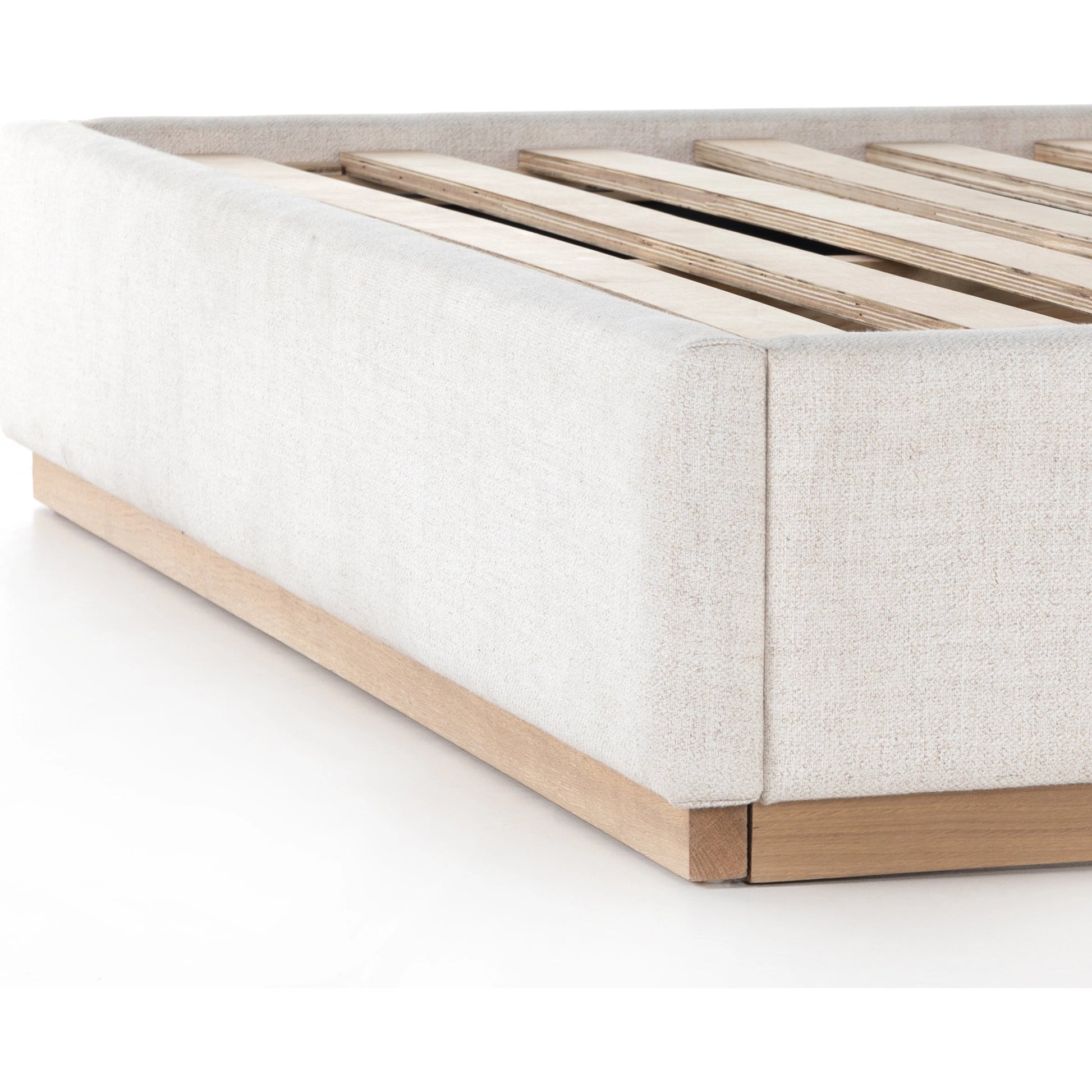 Barnett Bed by Four Hands in burnished oak, dover crescent. Made from 71% viscose (rayon), 17% polyester, 12% flax, linen, solid oak in a modern style.