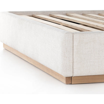 Barnett Bed by Four Hands in burnished oak, dover crescent. Made from 71% viscose (rayon), 17% polyester, 12% flax, linen, solid oak in a modern style.