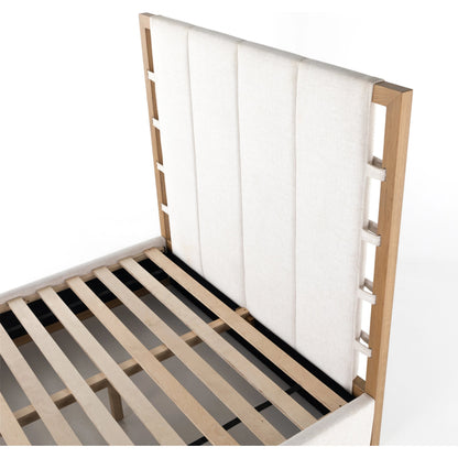 Barnett Bed by Four Hands in burnished oak, dover crescent. Made from 71% viscose (rayon), 17% polyester, 12% flax, linen, solid oak in a modern style.