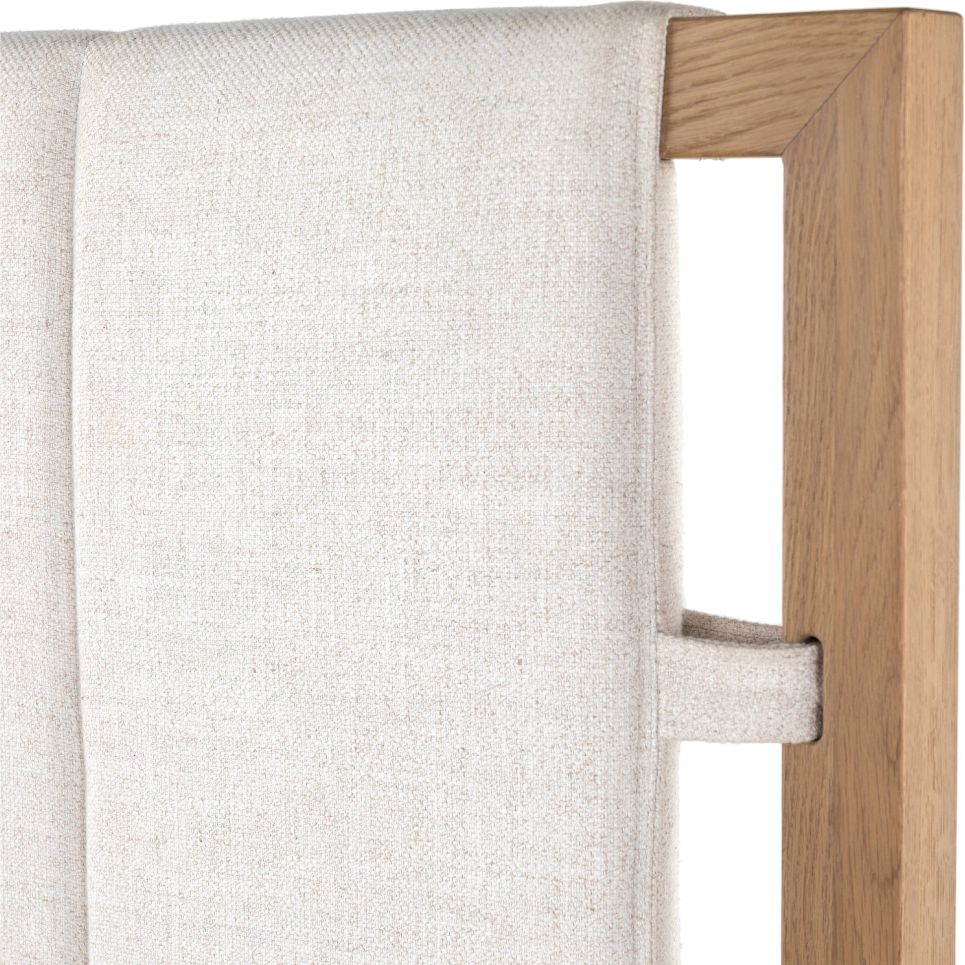 Barnett Bed by Four Hands in burnished oak, dover crescent. Made from 71% viscose (rayon), 17% polyester, 12% flax, linen, solid oak in a modern style.