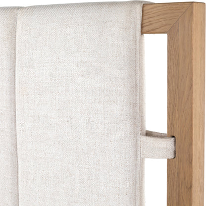 Barnett Bed by Four Hands in burnished oak, dover crescent. Made from 71% viscose (rayon), 17% polyester, 12% flax, linen, solid oak in a modern style.