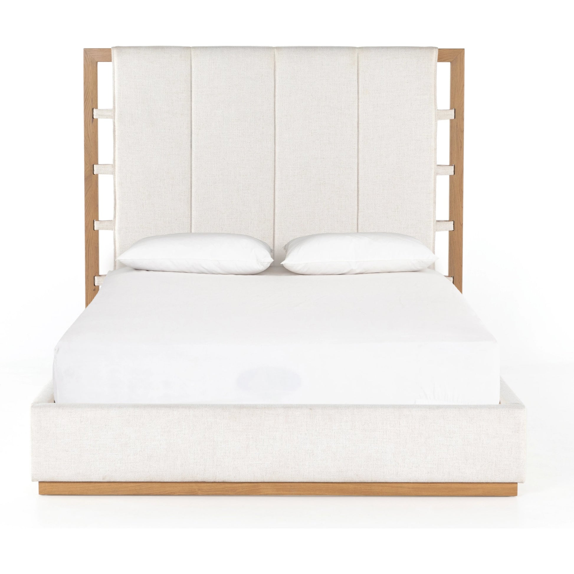 Barnett Bed by Four Hands in burnished oak, dover crescent. Made from 71% viscose (rayon), 17% polyester, 12% flax, linen, solid oak in a modern style.