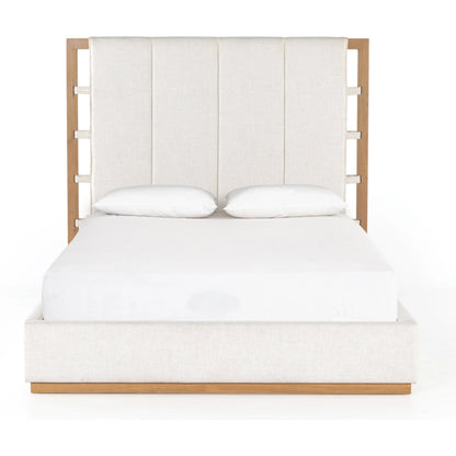 Barnett Bed by Four Hands in burnished oak, dover crescent. Made from 71% viscose (rayon), 17% polyester, 12% flax, linen, solid oak in a modern style.