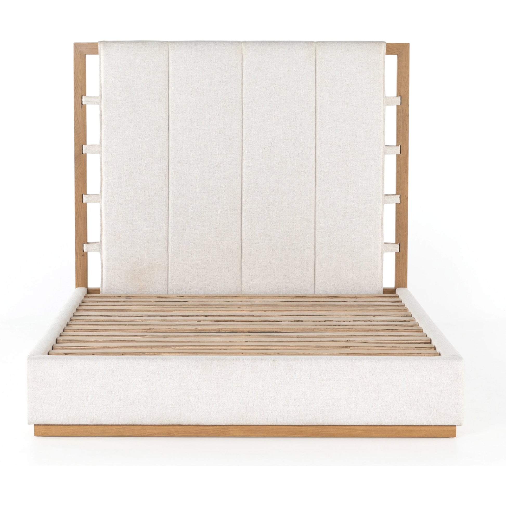 Barnett Bed by Four Hands in burnished oak, dover crescent. Made from 71% viscose (rayon), 17% polyester, 12% flax, linen, solid oak in a modern style.