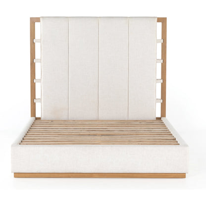 Barnett Bed by Four Hands in burnished oak, dover crescent. Made from 71% viscose (rayon), 17% polyester, 12% flax, linen, solid oak in a modern style.