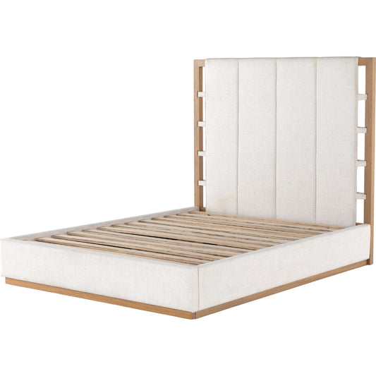 Barnett Bed by Four Hands in burnished oak, dover crescent. Made from 71% viscose (rayon), 17% polyester, 12% flax, linen, solid oak in a modern style.