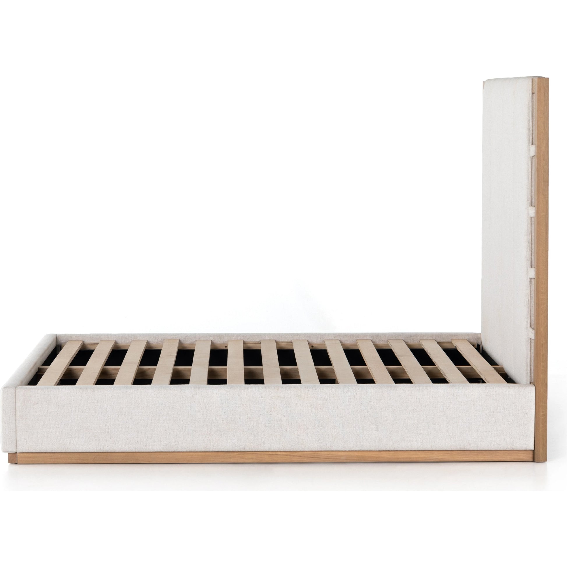 Barnett Bed by Four Hands in burnished oak, dover crescent. Made from 71% viscose (rayon), 17% polyester, 12% flax, linen, solid oak in a modern style.