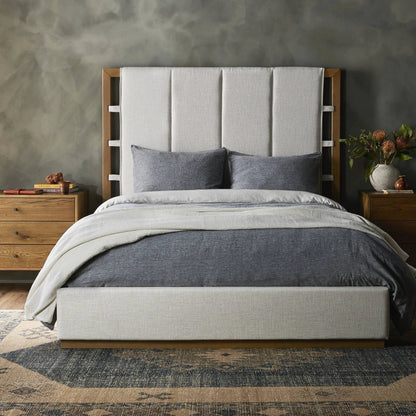 Barnett Bed by Four Hands in burnished oak, dover crescent. Made from 71% viscose (rayon), 17% polyester, 12% flax, linen, solid oak in a modern style.