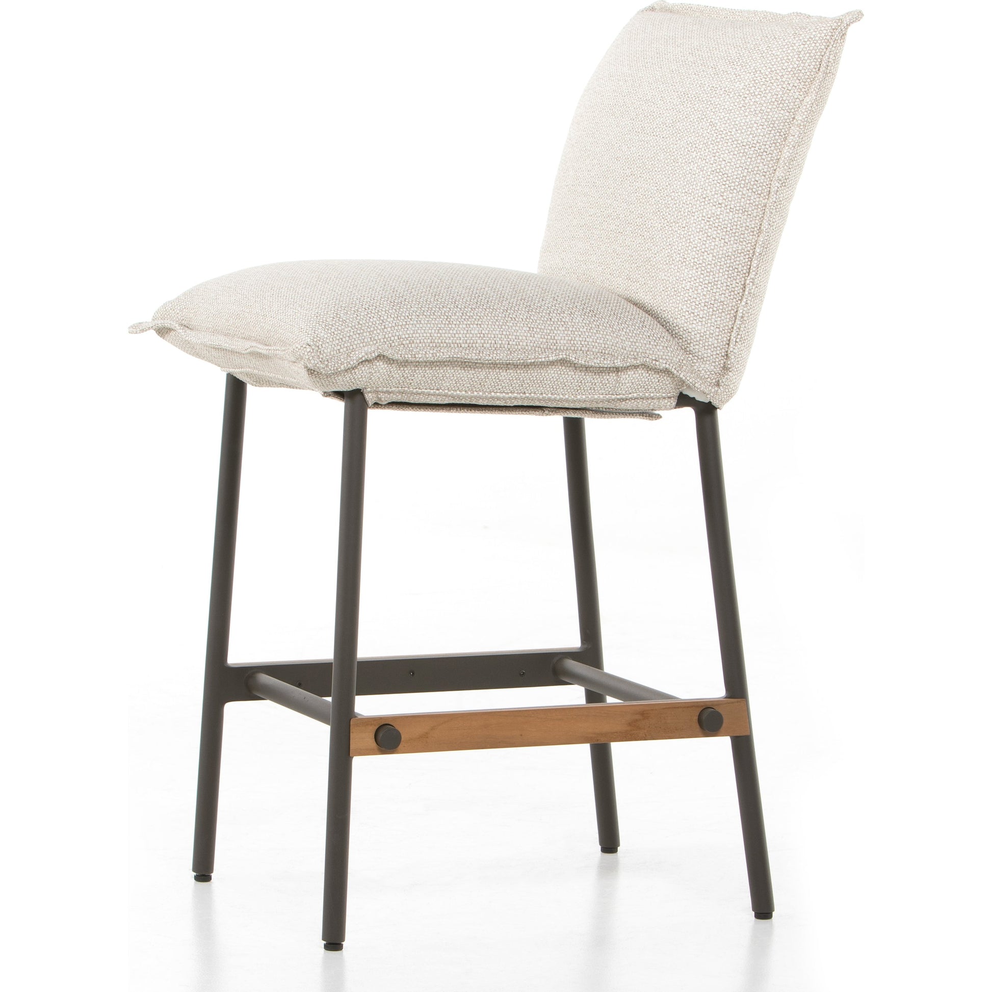 Vega Outdoor Counter Stool by Four Hands in faye sand. Made from 100% olefin, aluminum, solid fsc®-certified teak in a modern style.