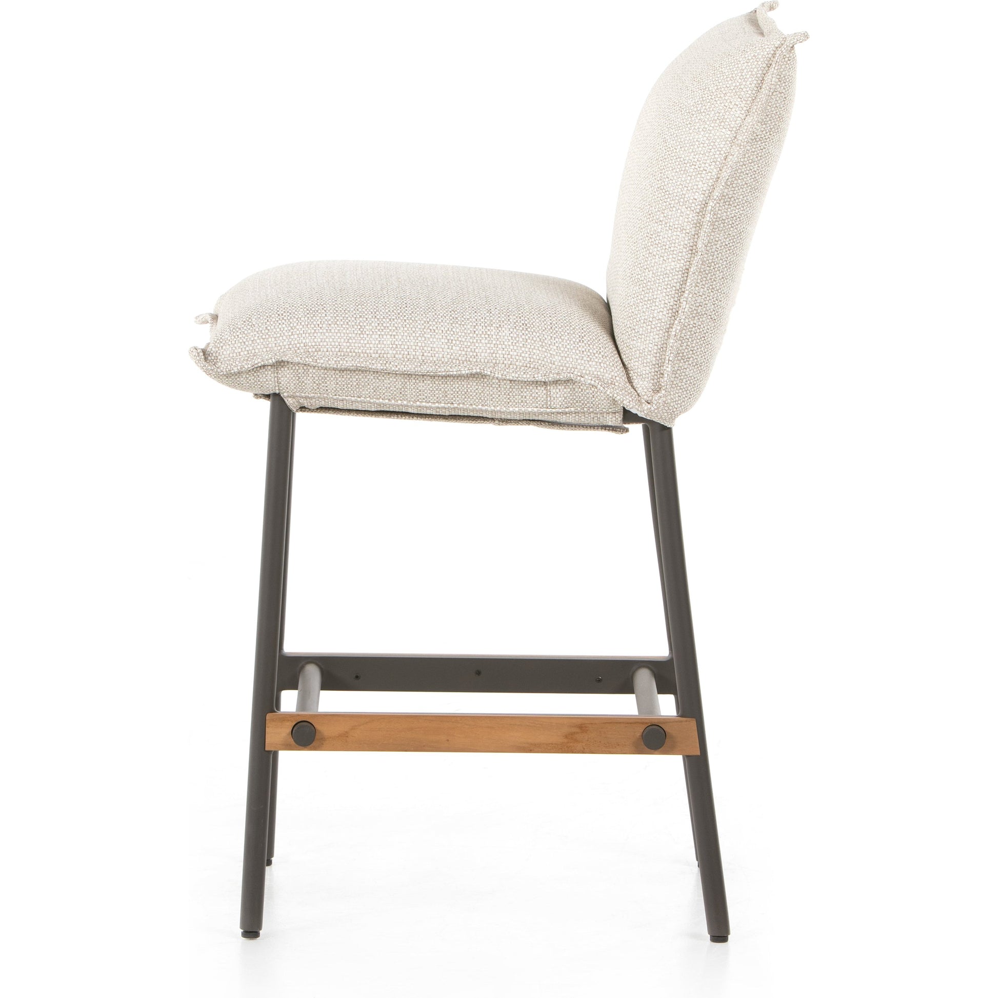 Vega Outdoor Counter Stool by Four Hands in faye sand. Made from 100% olefin, aluminum, solid fsc®-certified teak in a modern style.