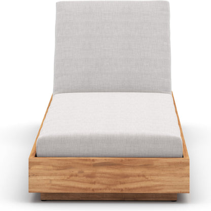 Kinta Outdoor Chaise by Four Hands in natural teak-fsc. Made from 100% olefin, solid fsc®-certified teak, 91% polyurethane foam pad, 9% polyester fiber batting in a rustic style.