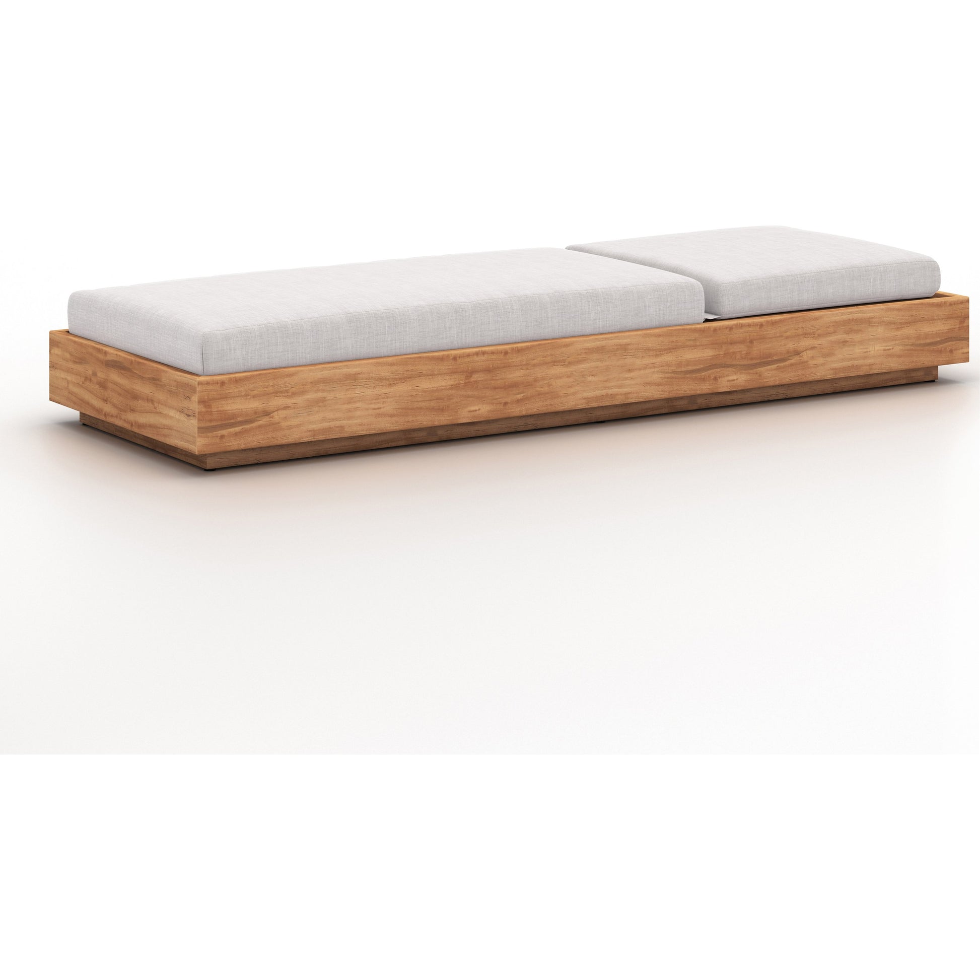 Kinta Outdoor Chaise by Four Hands in natural teak-fsc. Made from 100% olefin, solid fsc®-certified teak, 91% polyurethane foam pad, 9% polyester fiber batting in a rustic style.