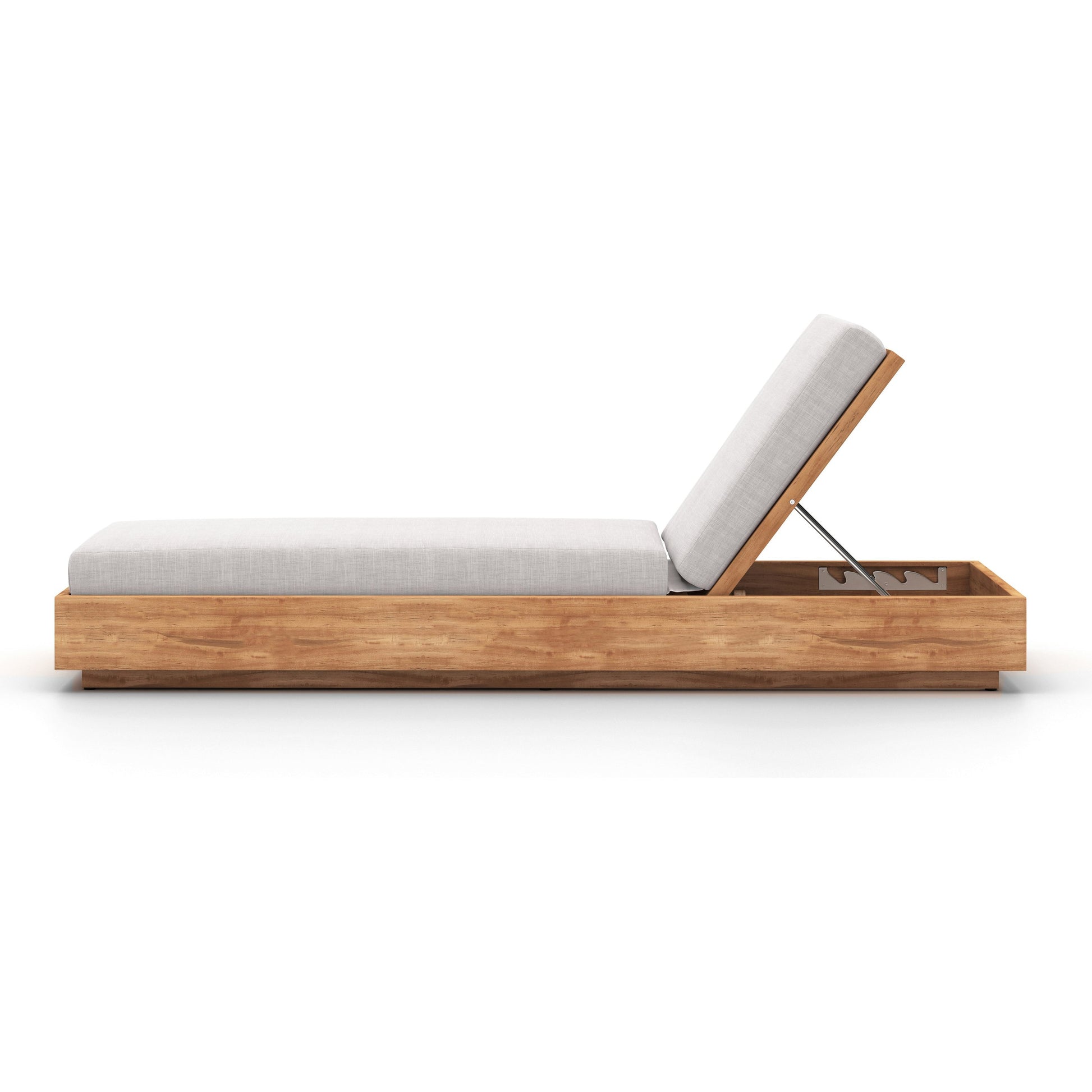 Kinta Outdoor Chaise by Four Hands in natural teak-fsc. Made from 100% olefin, solid fsc®-certified teak, 91% polyurethane foam pad, 9% polyester fiber batting in a rustic style.