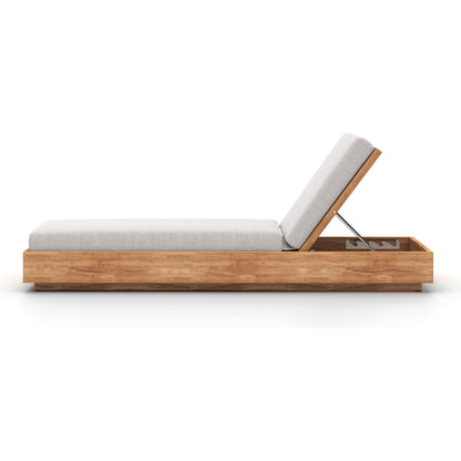 Kinta Outdoor Chaise by Four Hands in natural teak-fsc. Made from 100% olefin, solid fsc®-certified teak, 91% polyurethane foam pad, 9% polyester fiber batting in a rustic style.