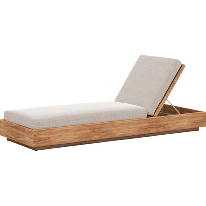 Kinta Outdoor Chaise by Four Hands in natural teak-fsc. Made from 100% olefin, solid fsc®-certified teak, 91% polyurethane foam pad, 9% polyester fiber batting in a rustic style.