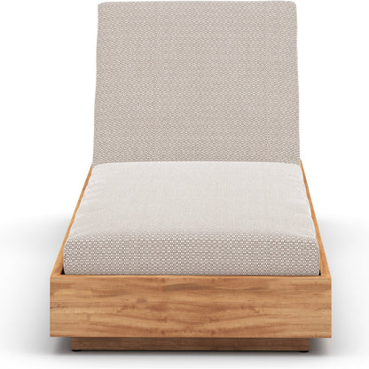 Kinta Outdoor Chaise by Four Hands in natural teak-fsc. Made from 100% olefin, solid fsc®-certified teak, 91% polyurethane foam pad, 9% polyester fiber batting in a rustic style.