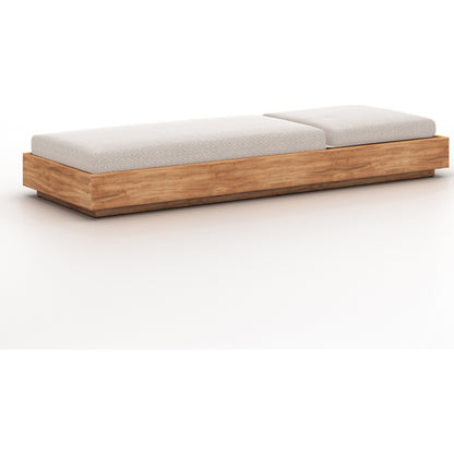 Kinta Outdoor Chaise by Four Hands in natural teak-fsc. Made from 100% olefin, solid fsc®-certified teak, 91% polyurethane foam pad, 9% polyester fiber batting in a rustic style.