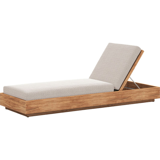 Kinta Outdoor Chaise by Four Hands in natural teak-fsc. Made from 100% olefin, solid fsc®-certified teak, 91% polyurethane foam pad, 9% polyester fiber batting in a rustic style.