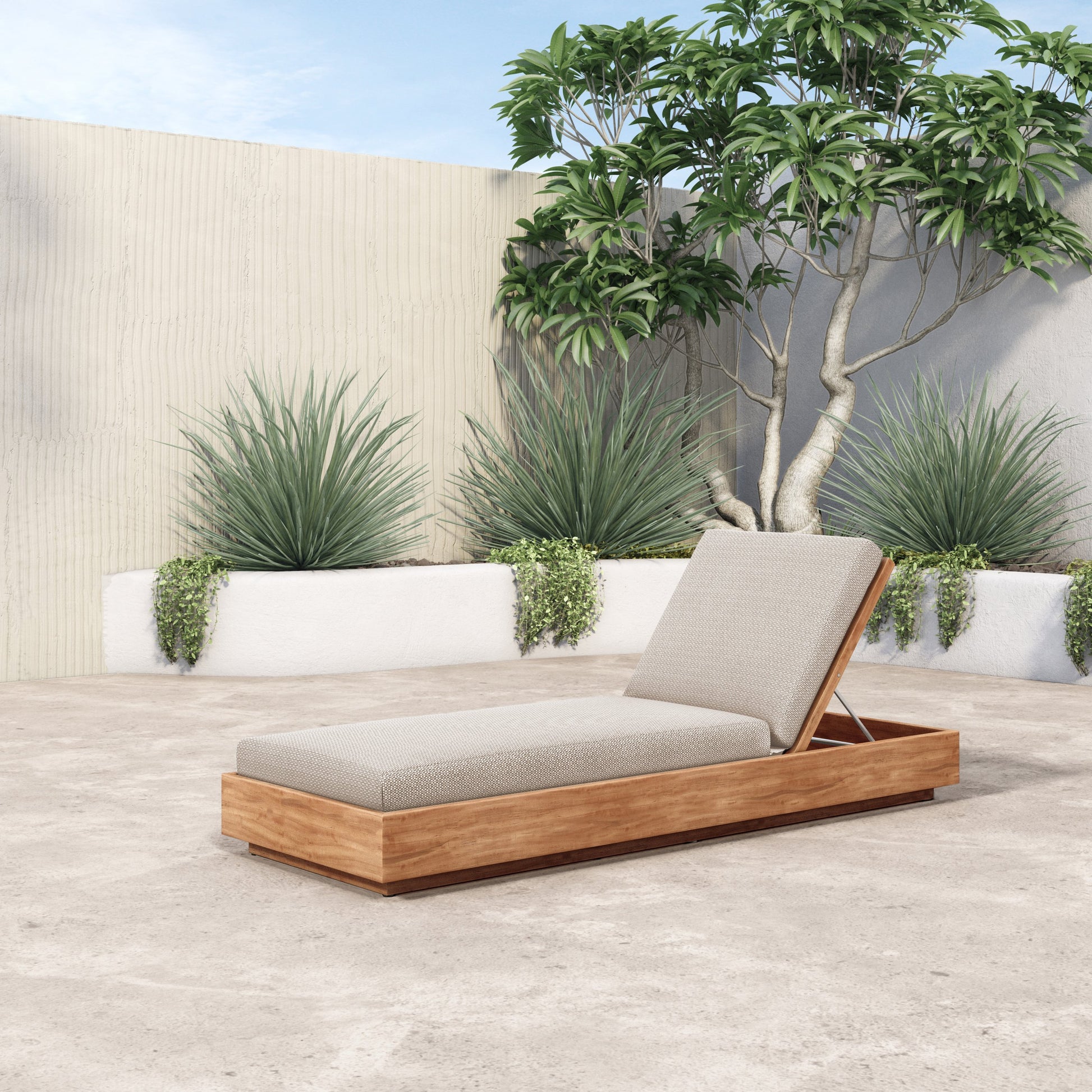 Kinta Outdoor Chaise by Four Hands in natural teak-fsc. Made from 100% olefin, solid fsc®-certified teak, 91% polyurethane foam pad, 9% polyester fiber batting in a rustic style.