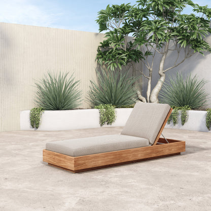 Kinta Outdoor Chaise by Four Hands in natural teak-fsc. Made from 100% olefin, solid fsc®-certified teak, 91% polyurethane foam pad, 9% polyester fiber batting in a rustic style.