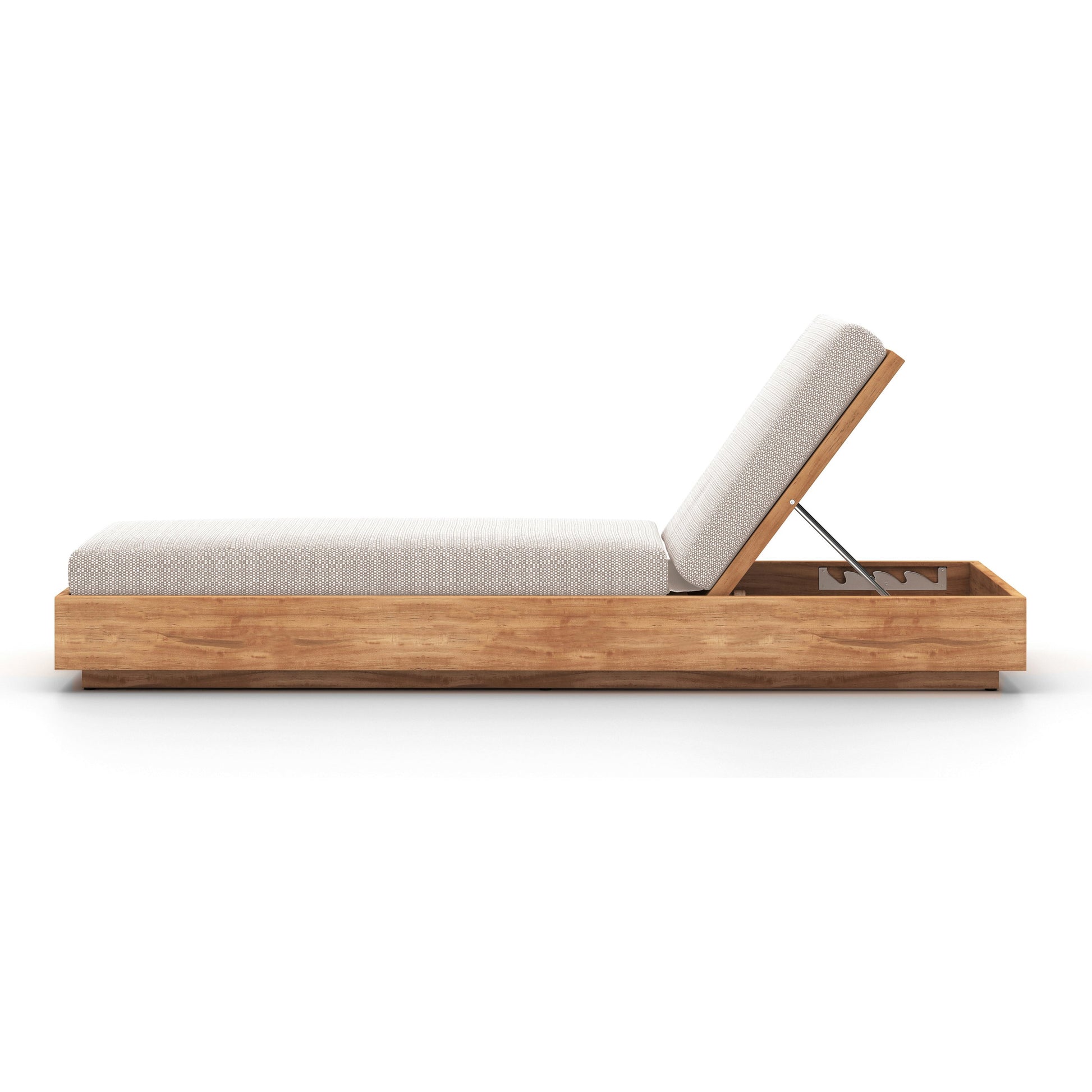 Kinta Outdoor Chaise by Four Hands in natural teak-fsc. Made from 100% olefin, solid fsc®-certified teak, 91% polyurethane foam pad, 9% polyester fiber batting in a rustic style.