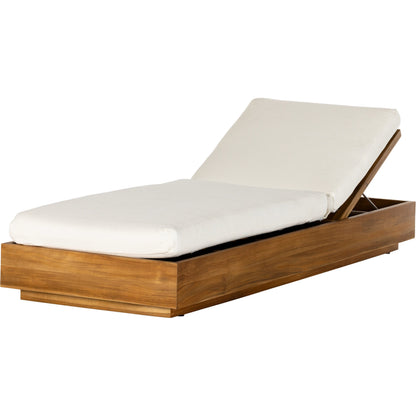 Kinta Outdoor Chaise by Four Hands in natural teak-fsc. Made from 100% olefin, solid fsc®-certified teak, 91% polyurethane foam pad, 9% polyester fiber batting in a rustic style.