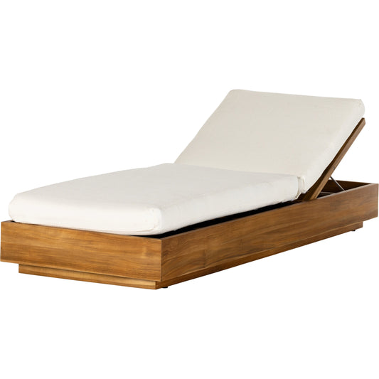 Kinta Outdoor Chaise by Four Hands in natural teak-fsc. Made from 100% olefin, solid fsc®-certified teak, 91% polyurethane foam pad, 9% polyester fiber batting in a rustic style.