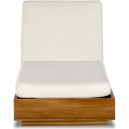 Kinta Outdoor Chaise by Four Hands in natural teak-fsc. Made from 100% olefin, solid fsc®-certified teak, 91% polyurethane foam pad, 9% polyester fiber batting in a rustic style.