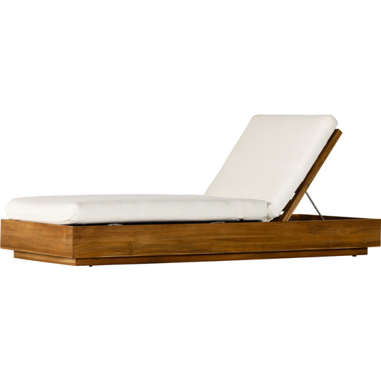 Kinta Outdoor Chaise by Four Hands in natural teak-fsc. Made from 100% olefin, solid fsc®-certified teak, 91% polyurethane foam pad, 9% polyester fiber batting in a rustic style.