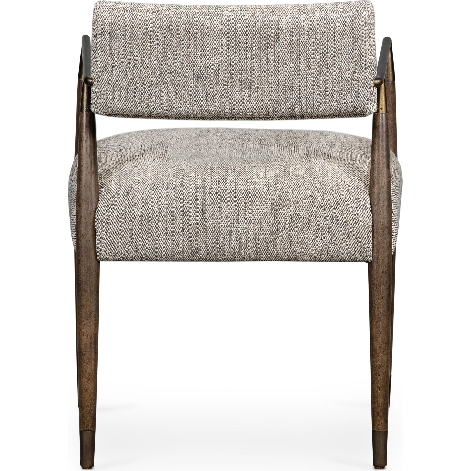 Waldon Dining Armchair by Four Hands in sierra brown, thames coal. Made from 66% polyester, 19% acrylic, 15% flax, linen, solid parawood, iron in a modern style.