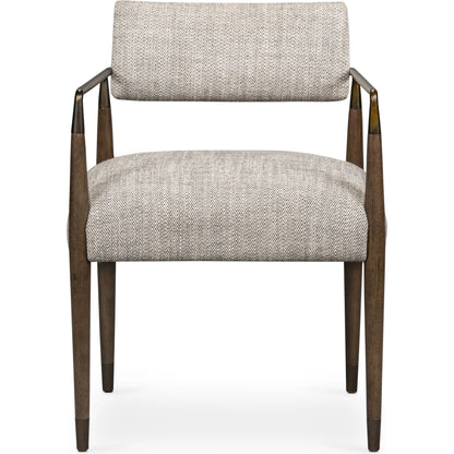 Waldon Dining Armchair by Four Hands in sierra brown, thames coal. Made from 66% polyester, 19% acrylic, 15% flax, linen, solid parawood, iron in a modern style.