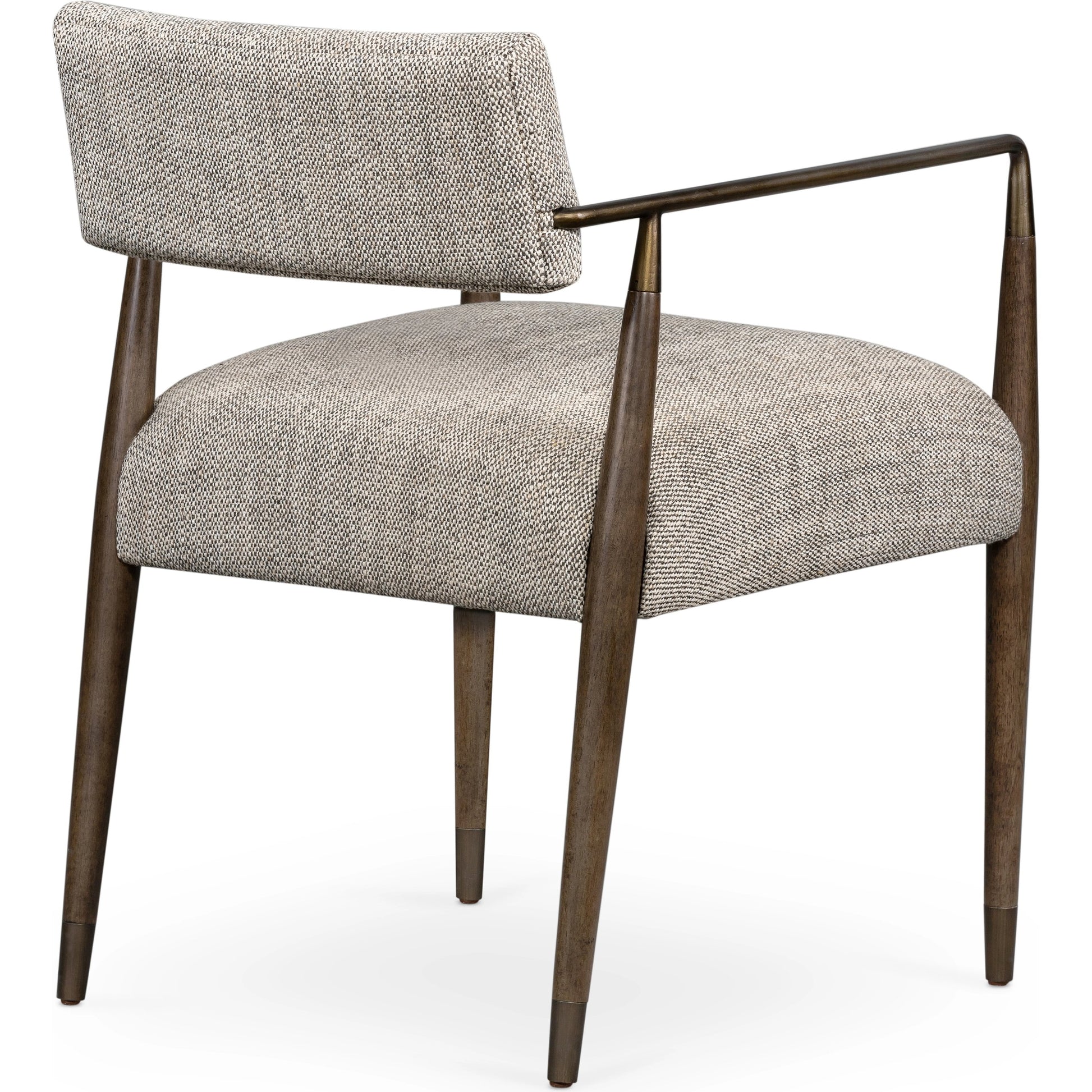 Waldon Dining Armchair by Four Hands in sierra brown, thames coal. Made from 66% polyester, 19% acrylic, 15% flax, linen, solid parawood, iron in a modern style.