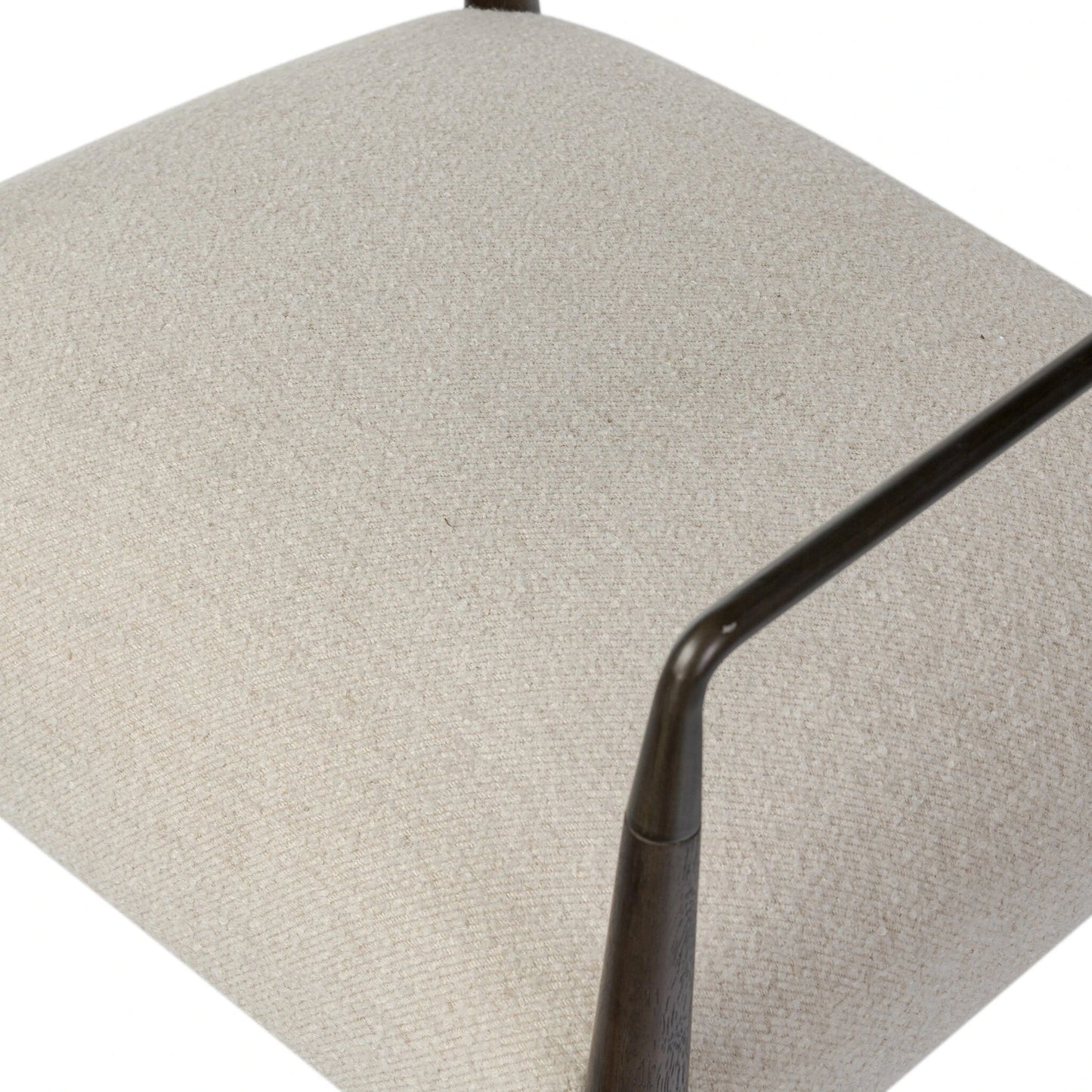 007 SI-2137680 | Closeup | Waldon Dining Chair by Four Hands in charter oatmeal and sierra brown, aged bronze. Made from 69% polyester, 23% acrylic, 8% flax, linen, solid parawood, iron in a modern style.