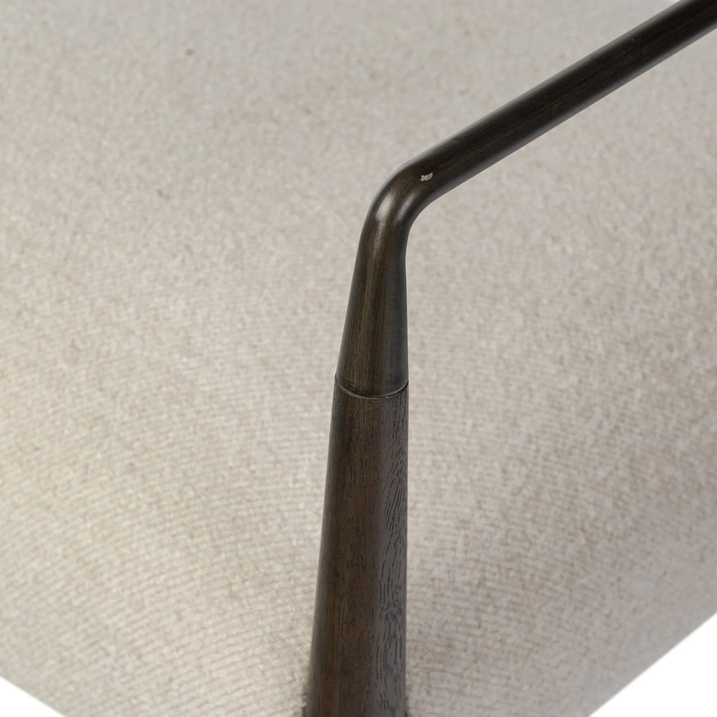 008 SI-2137680 | Closeup | Waldon Dining Chair by Four Hands in charter oatmeal and sierra brown, aged bronze. Made from 69% polyester, 23% acrylic, 8% flax, linen, solid parawood, iron in a modern style.