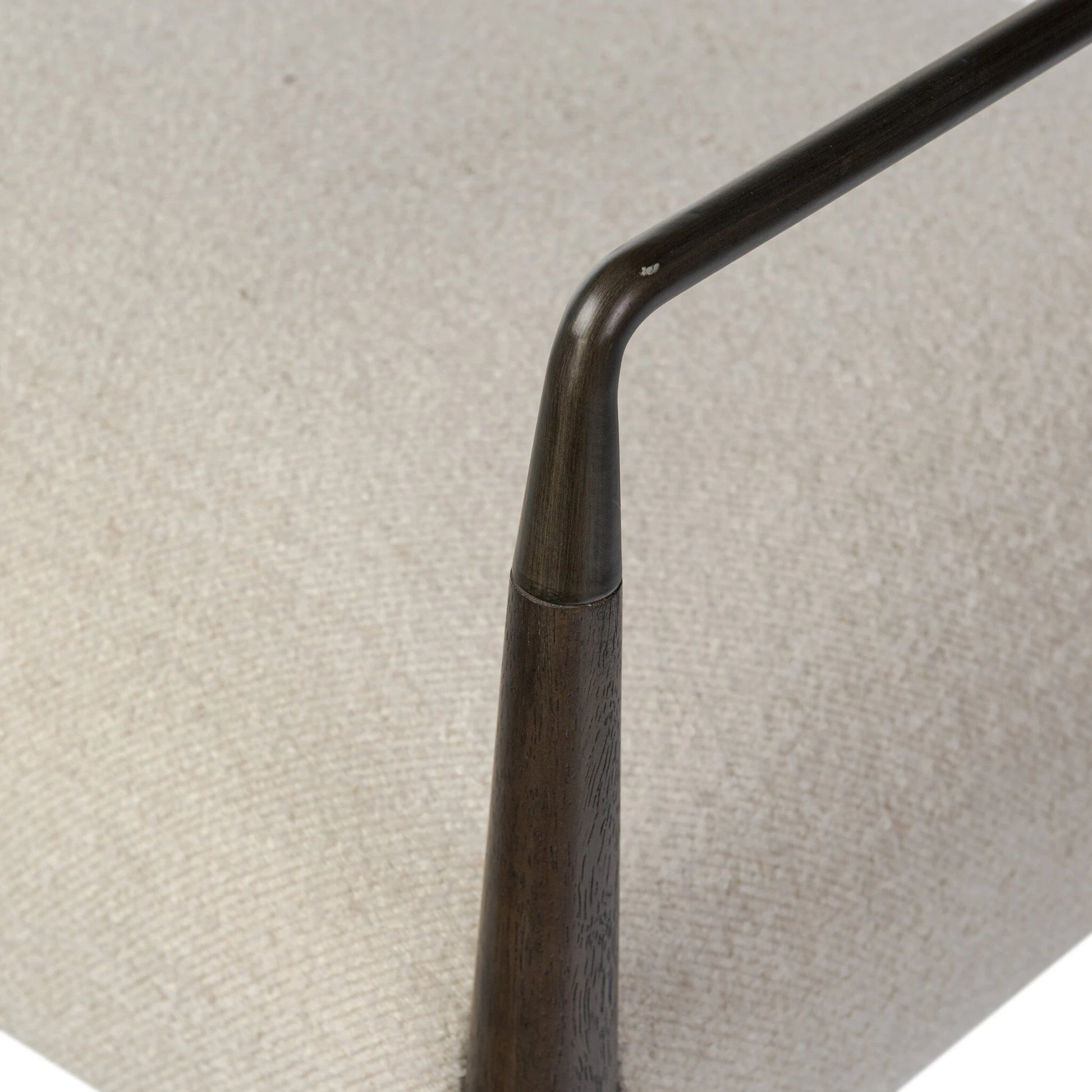 Waldon Dining Chair by Four Hands in charter oatmeal and sierra brown, aged bronze. Made from 69% polyester, 23% acrylic, 8% flax, linen, solid parawood, iron in a modern style.