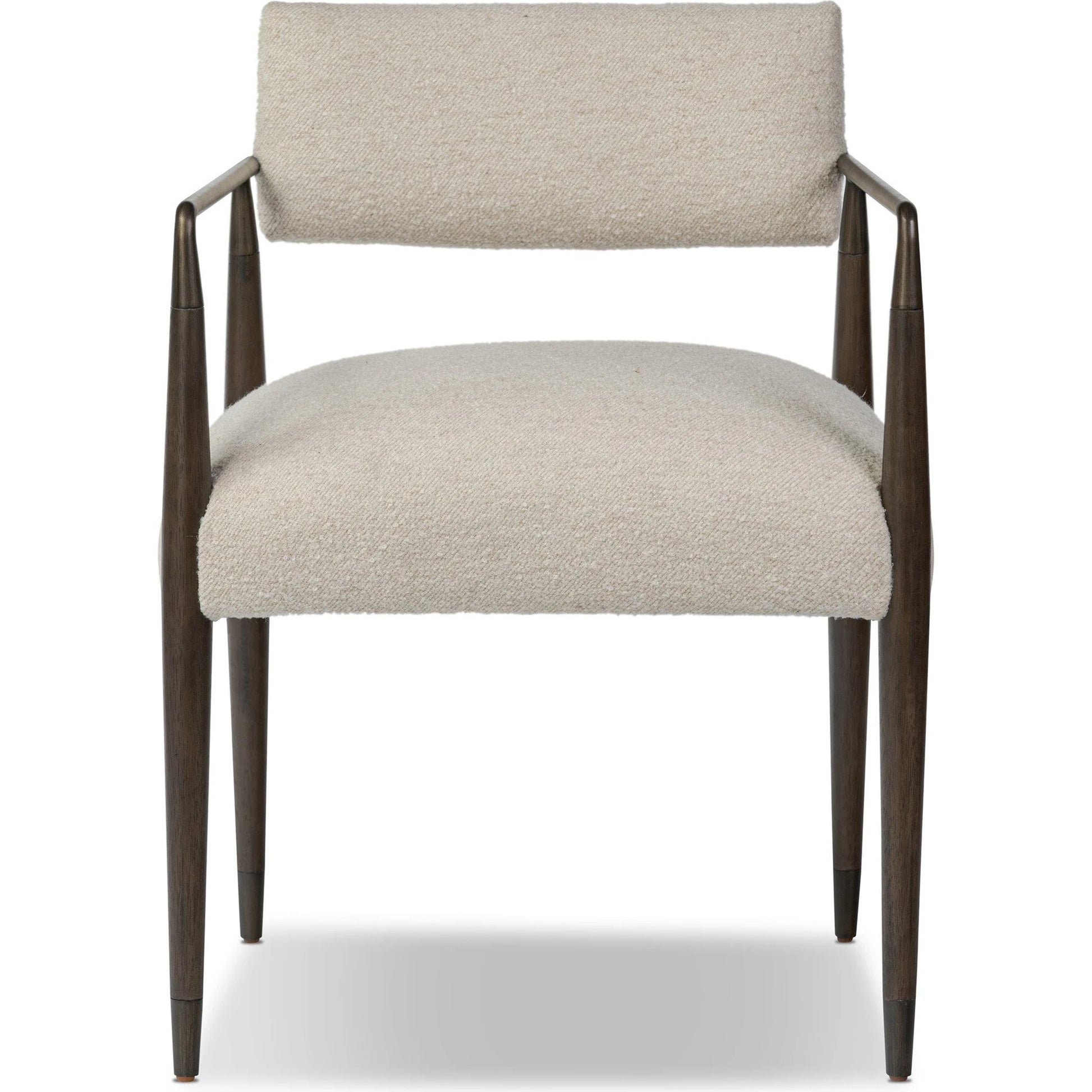 Waldon Dining Chair by Four Hands in charter oatmeal and sierra brown, aged bronze. Made from 69% polyester, 23% acrylic, 8% flax, linen, solid parawood, iron in a modern style.