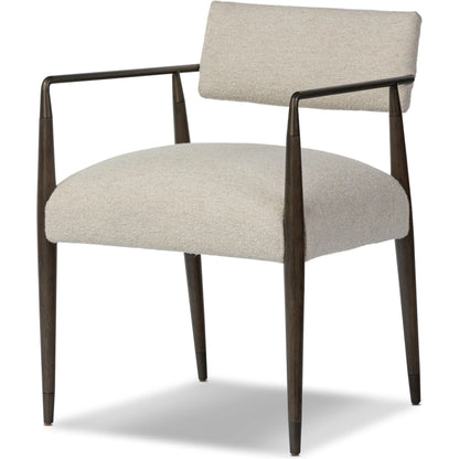 Waldon Dining Chair by Four Hands in charter oatmeal and sierra brown, aged bronze. Made from 69% polyester, 23% acrylic, 8% flax, linen, solid parawood, iron in a modern style.