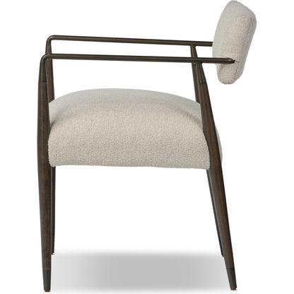 Waldon Dining Chair by Four Hands in charter oatmeal and sierra brown, aged bronze. Made from 69% polyester, 23% acrylic, 8% flax, linen, solid parawood, iron in a modern style.