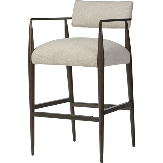 Waldon Bar Stool by Four Hands in charter oatmeal. Made from 69% polyester, 23% acrylic, 8% flax, linen, solid parawood, iron in a modern style.