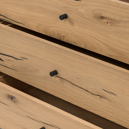 Eaton 9 Drawer Dresser by Four Hands in amber oak resin. Made from thick oak veneer, iron in a rustic style.