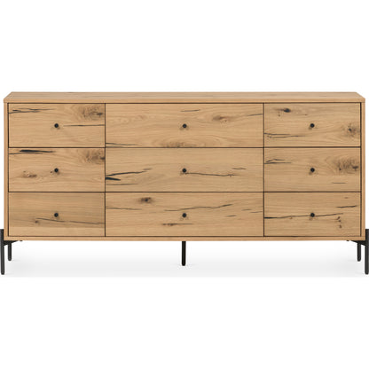 Eaton 9 Drawer Dresser by Four Hands in amber oak resin. Made from thick oak veneer, iron in a rustic style.