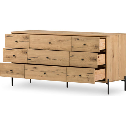 Eaton 9 Drawer Dresser by Four Hands in amber oak resin. Made from thick oak veneer, iron in a rustic style.