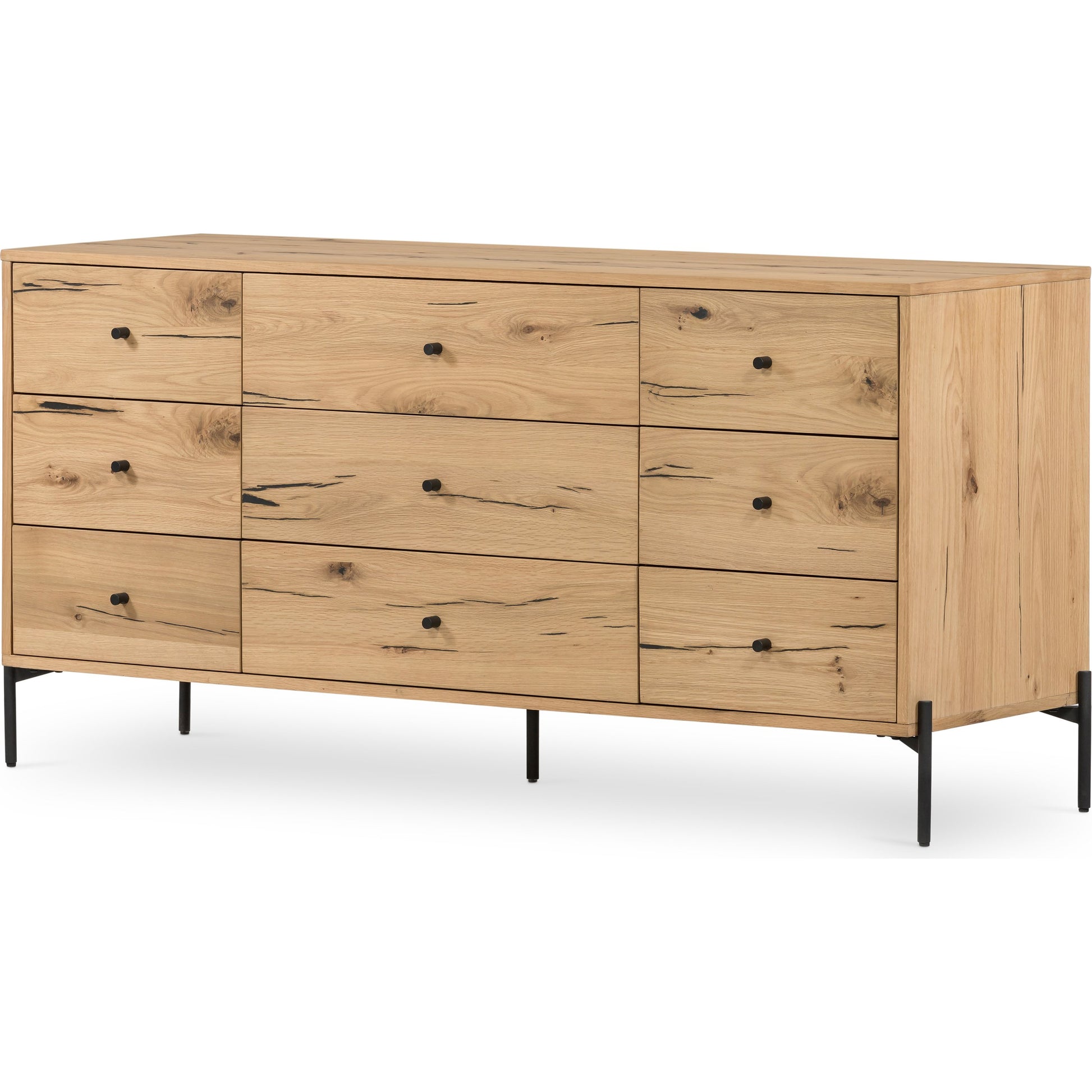 Eaton 9 Drawer Dresser by Four Hands in amber oak resin. Made from thick oak veneer, iron in a rustic style.