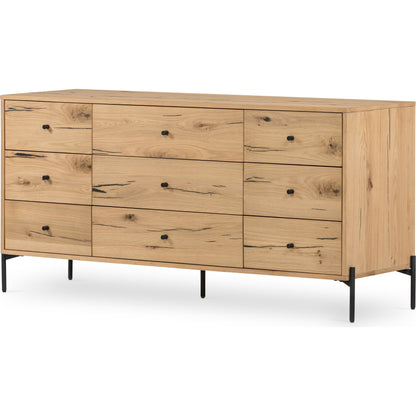 Eaton 9 Drawer Dresser by Four Hands in amber oak resin. Made from thick oak veneer, iron in a rustic style.