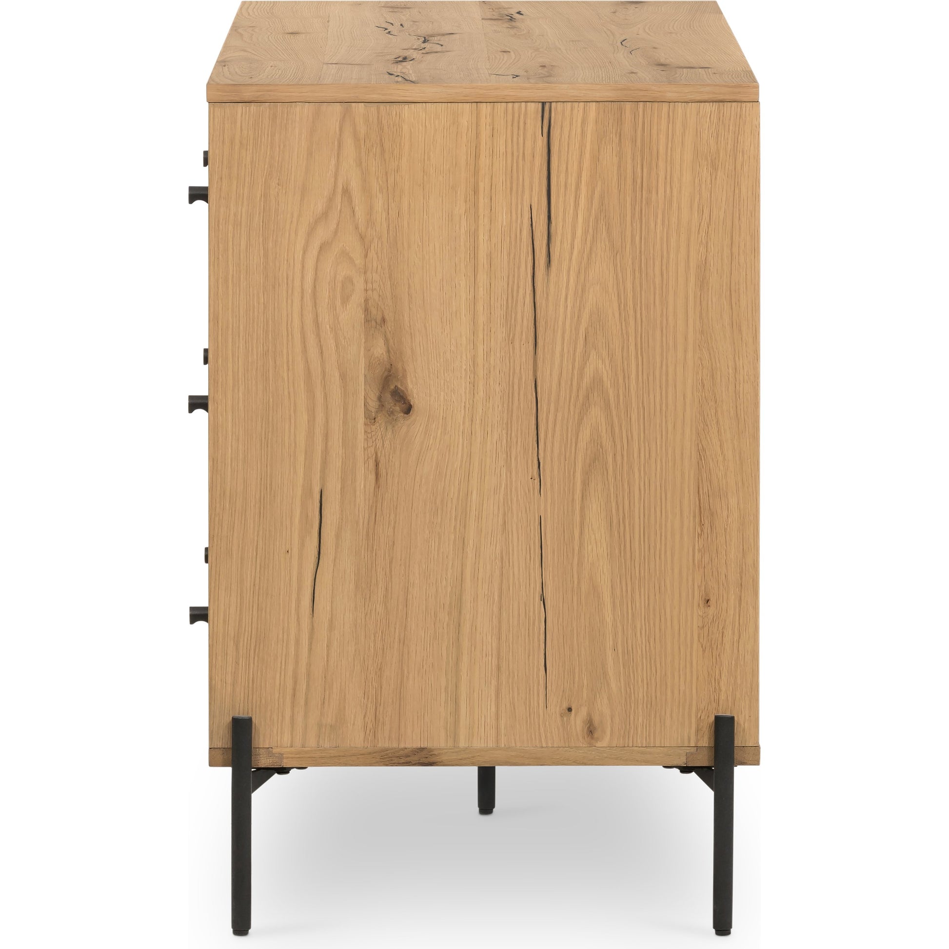 Eaton 9 Drawer Dresser by Four Hands in amber oak resin. Made from thick oak veneer, iron in a rustic style.