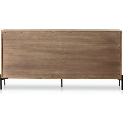 Eaton 9 Drawer Dresser by Four Hands in amber oak resin. Made from thick oak veneer, iron in a rustic style.