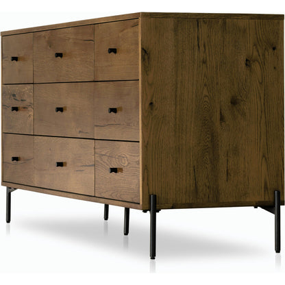 Eaton 9 Drawer Dresser by Four Hands in amber oak resin. Made from thick oak veneer, iron in a rustic style.