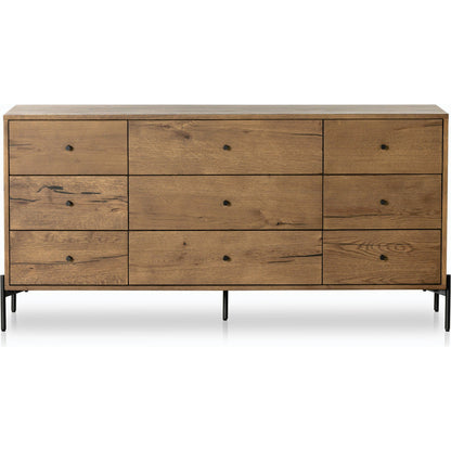 Eaton 9 Drawer Dresser by Four Hands in amber oak resin. Made from thick oak veneer, iron in a rustic style.