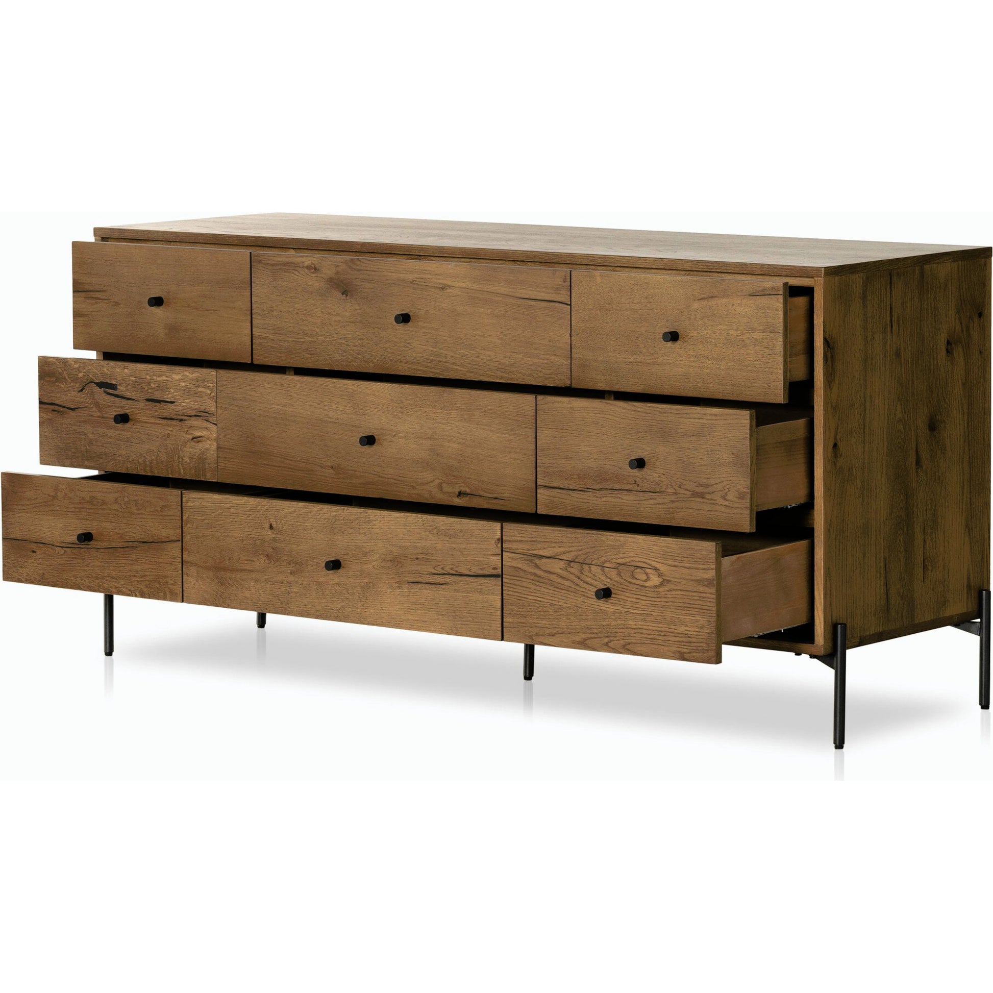 Eaton 9 Drawer Dresser by Four Hands in amber oak resin. Made from thick oak veneer, iron in a rustic style.