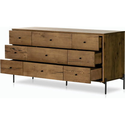 Eaton 9 Drawer Dresser by Four Hands in amber oak resin. Made from thick oak veneer, iron in a rustic style.